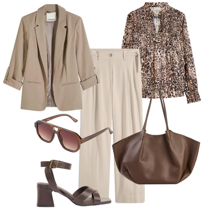 Outfit donna - Colori della terra. Stile Glamour per Ufficio. Abbinamento con pantaloni a palazzo, sandali col tacco, blazer, bluse, occhiali da sole, shopping bag.