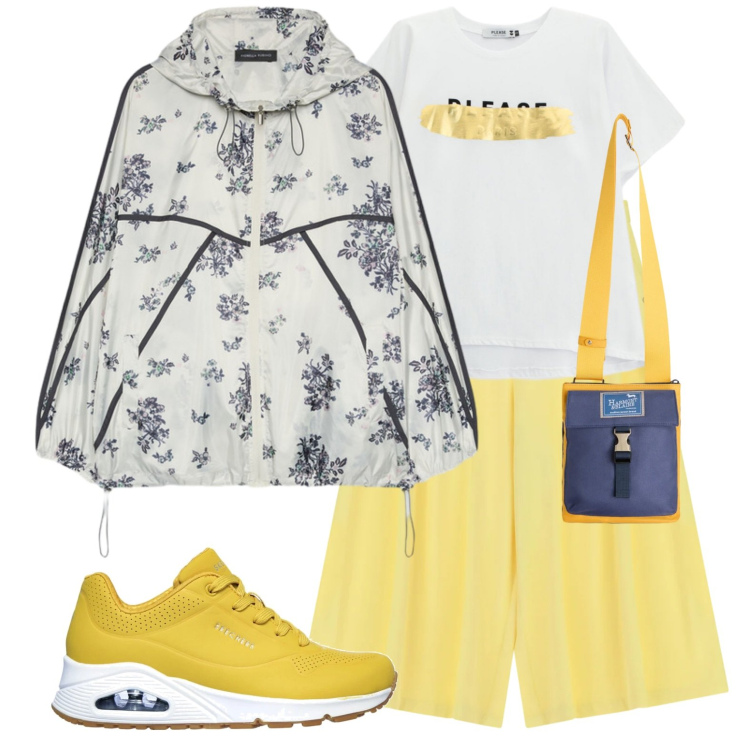 Outfit donna - Passeggiando. Stile Casual per Sport. Abbinamento con blazer, t-shirt, pantaloni a palazzo, borse a tracolla, sneakers.