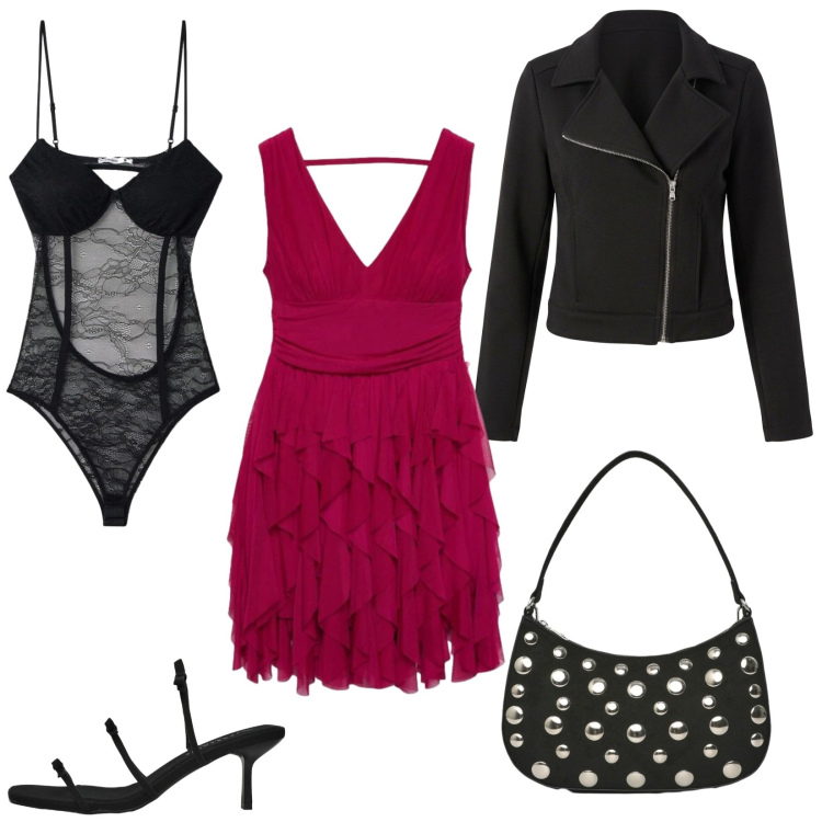 Outfit donna - Terranova Switching style. Stile Rock per Serata fuori. Abbinamento con vestiti, borse a tracolla, sandali col tacco, giacche, body.