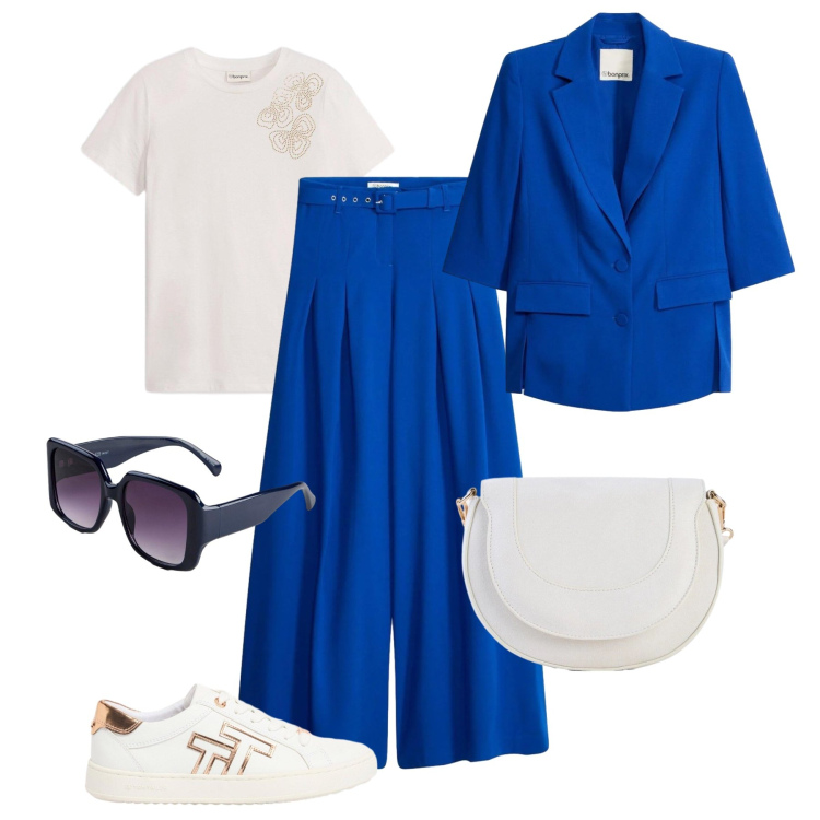 Outfit donna - Dinamica glam & sneakers. Stile Casual chic per Tutti i giorni. Abbinamento con pantaloni, t-shirt, occhiali da sole, blazer, borse a tracolla, sneakers.