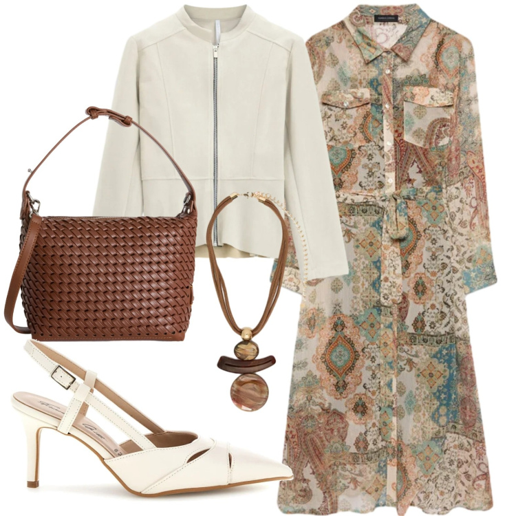 Outfit donna - Abito fantasia. Stile Romantica per Ufficio. Abbinamento con blazer, vestiti chemisier, ciondoli, borse a spalla, décolleté.