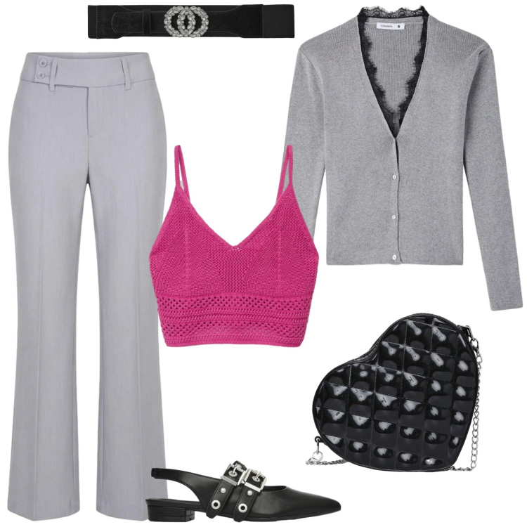 Outfit donna - Terranova Switching style. Stile Casual chic per Serata fuori. Abbinamento con cinture, ballerine, top, borse a tracolla, cardigans, pantaloni.