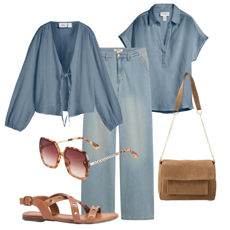 Outfit donna - Denim e mussola. Stile Casual per Tutti i giorni. Abbinamento con jeans dritti, bluse, blazer, sandali, occhiali da sole, borse a tracolla.