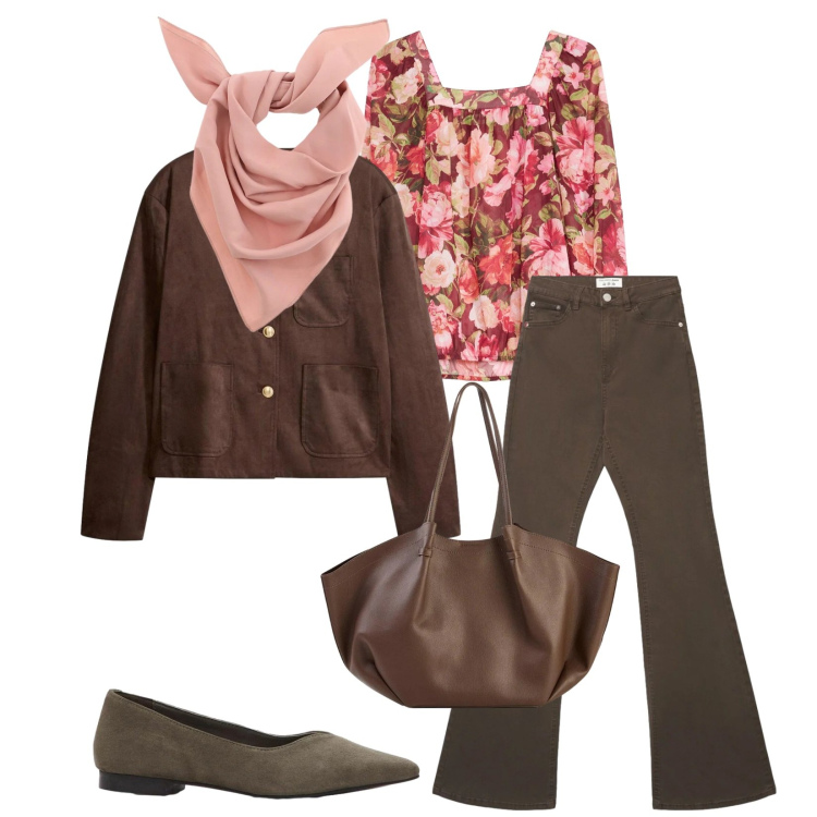 Outfit donna - Total look #2381636. Stile Romantica per Tutti i giorni. Abbinamento con blazer, ballerine, bluse, shopping bag, jeans a zampa, foulard.