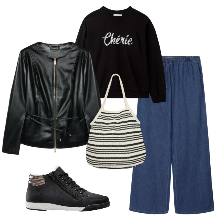 Outfit donna - Total look #2381637. Stile Casual per Tutti i giorni. Abbinamento con sneakers alte, jeans, felpe, shopping bag, blazer.