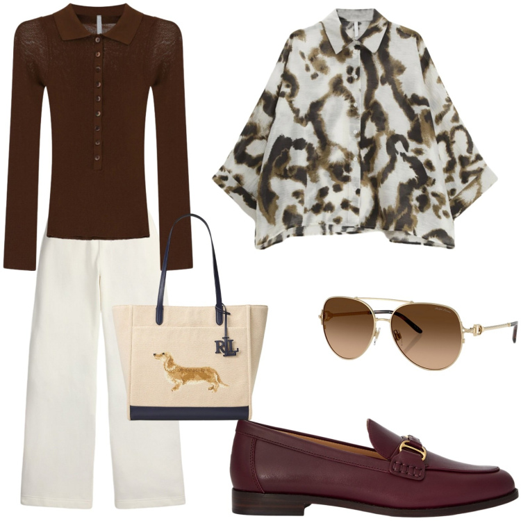 Outfit donna - Total look #2381639. Stile Casual per Serata fuori. Abbinamento con camicie, maglieria, occhiali da sole, mocassini, borse tote, pantaloni sportivi.