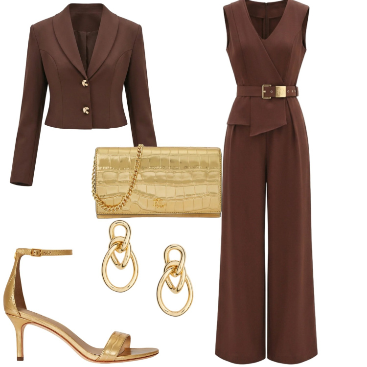 Outfit donna - Cerimonia. Stile Chic per Cerimonia. Abbinamento con tute, blazer, sandali in pelle, orecchini, borse a tracolla.