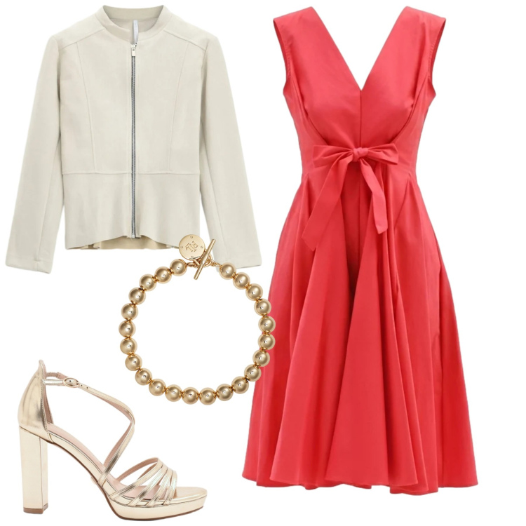 Outfit donna - Red. Stile Chic per Tutti i giorni. Abbinamento con blazer, sandali col tacco, vestiti corti, braccialetti.