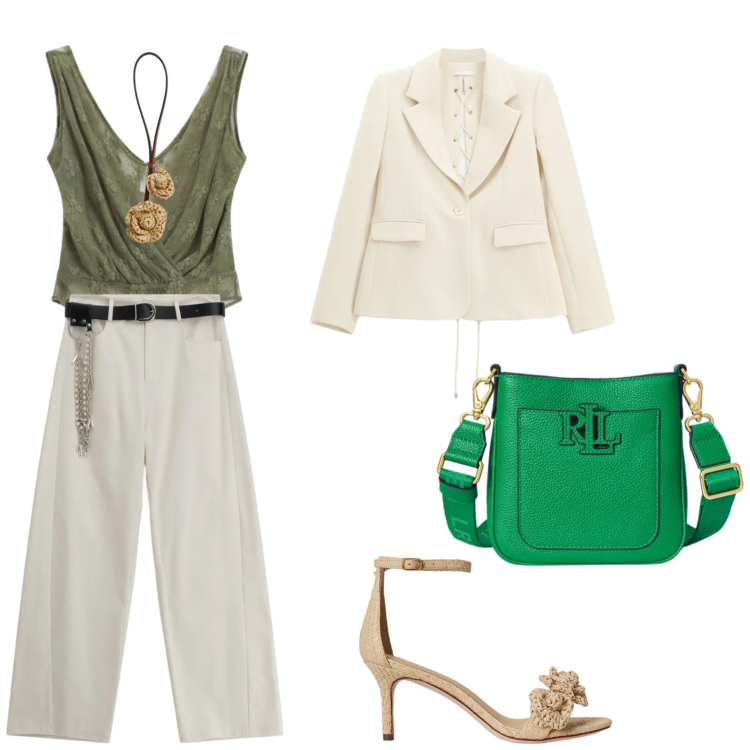 Outfit donna - Total look #2381648. Stile Casual chic per Tutti i giorni. Abbinamento con top, blazer, pantaloni a palazzo, ciondoli, borse a tracolla, sandali in pelle.