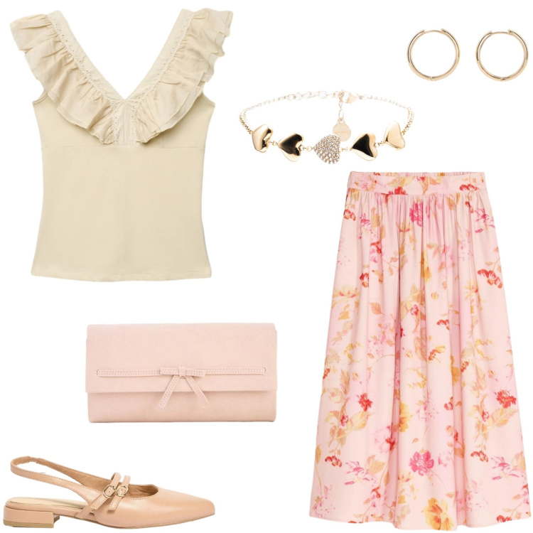 Outfit donna - I colori della primavera. Stile Romantica per Serata fuori. Abbinamento con ballerine, orecchini, pochette, gonne lunghe, top, braccialetti.