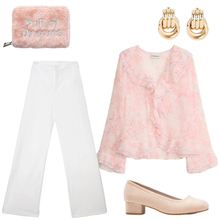 Outfit donna - Un outfit fresco di primavera. Stile Chic per Cerimonia. Abbinamento con bluse, décolleté, orecchini, portafogli, pantaloni.