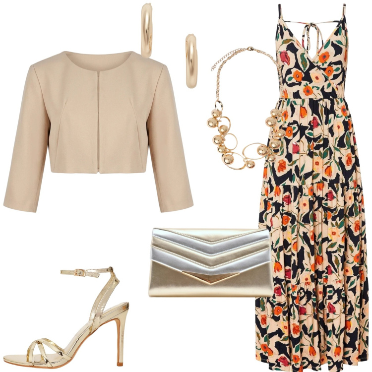 Outfit donna - Colori ed eleganza. Stile Glamour per Serata fuori. Abbinamento con vestiti lunghi, sandali col tacco, collane, bolero, pochette, orecchini.