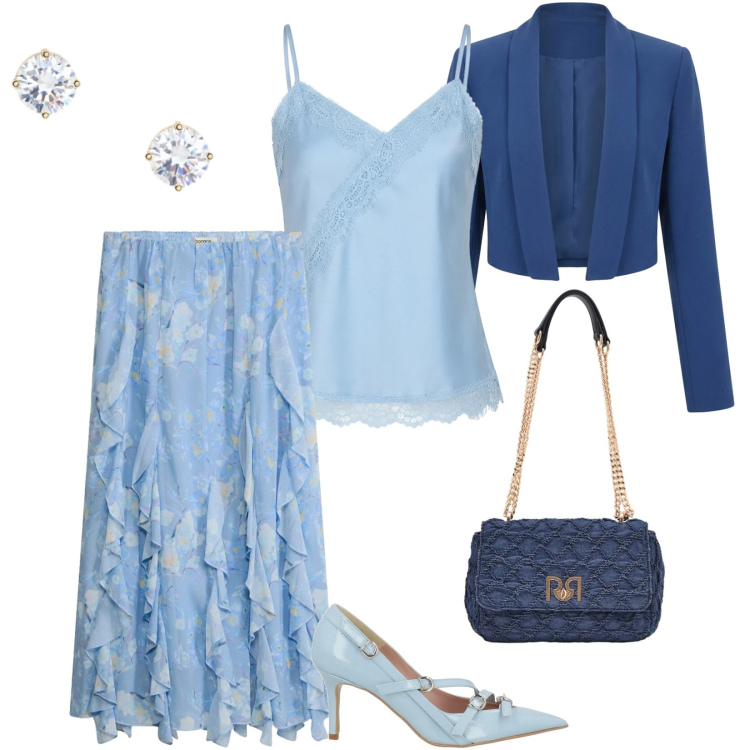 Outfit donna - Battesimo. Stile Chic per Cerimonia. Abbinamento con décolleté, gonne lunghe, borse a spalla, top, bolero, orecchini.