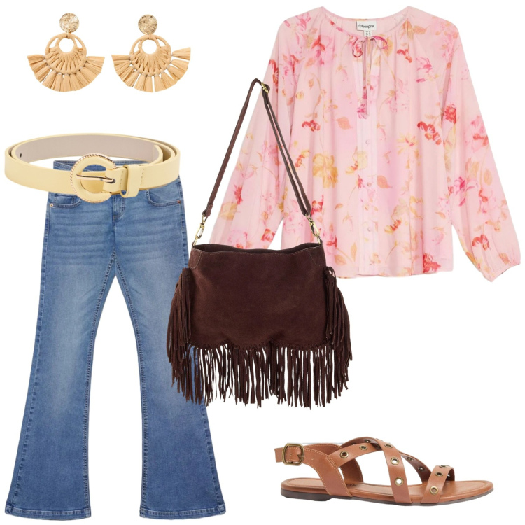 Outfit donna - Boho vibes. Stile Boho per Tutti i giorni. Abbinamento con sandali, borse a tracolla, bluse, orecchini, jeans a zampa, cinture.