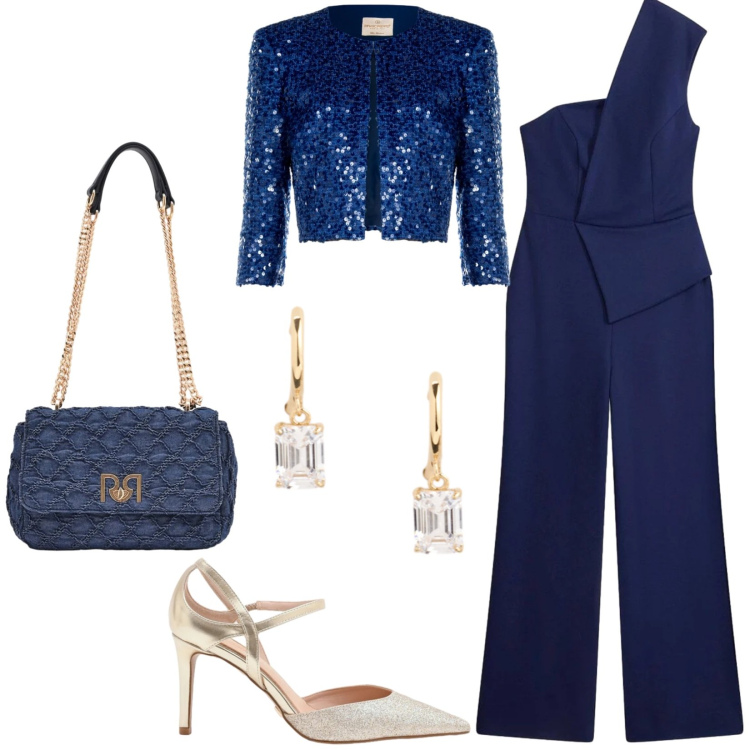 Outfit donna - Evento elegante. Stile Sexy per Serata fuori. Abbinamento con tute, décolleté, bolero, borse a spalla, orecchini.