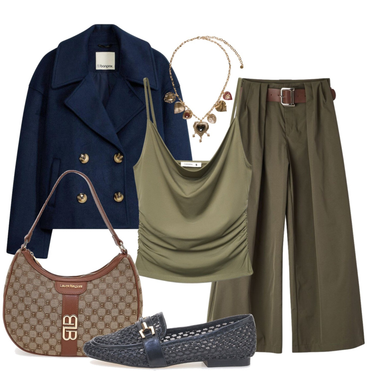Outfit donna - Stile con comodità. Stile Basic per Tutti i giorni. Abbinamento con blazer, pantaloni, canottiere, collane, mocassini, borse a spalla.
