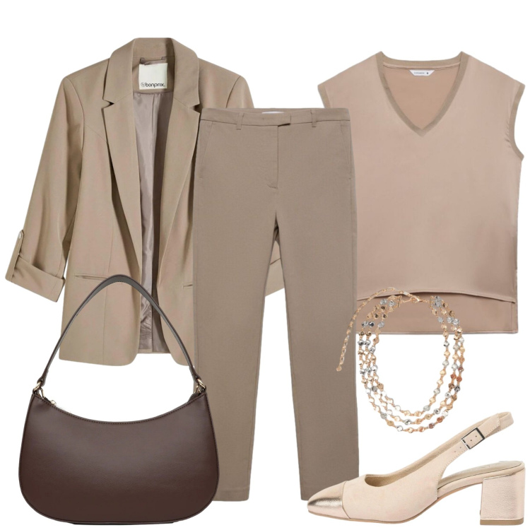 Outfit donna - Nocciola e cioccolato. Stile Chic per Tutti i giorni. Abbinamento con blazer, décolleté, pantaloni skinny, top, borse a tracolla, collane.