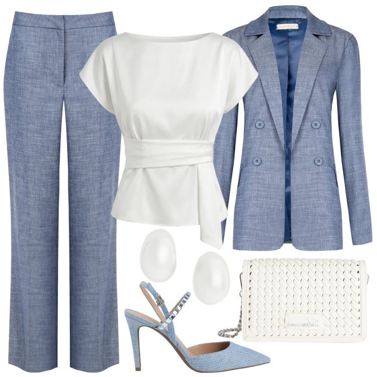 Outfit donna - Total look #2381660. Stile Casual chic per Tutti i giorni. Abbinamento con décolleté, bluse, pantaloni, blazer, borse a tracolla, orecchini.