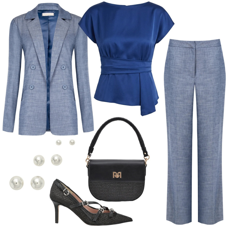Outfit donna - Look per ogni momento della giornata. Stile Chic per Tutti i giorni. Abbinamento con décolleté, pantaloni, bluse, borse a spalla, blazer, orecchini.