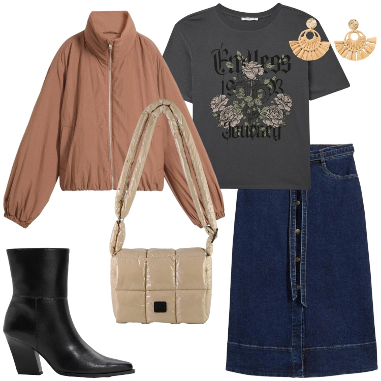 Outfit donna - Casual di primavera. Stile Casual per Tutti i giorni. Abbinamento con gonne longuette, stivaletti, bomber, orecchini, t-shirt, borse a spalla.