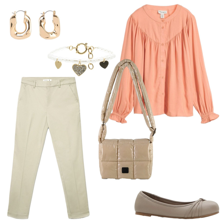 Outfit donna - La blusa romantica. Stile Casual chic per Tutti i giorni. Abbinamento con bluse, ballerine, orecchini, pantaloni skinny, braccialetti, borse a spalla.