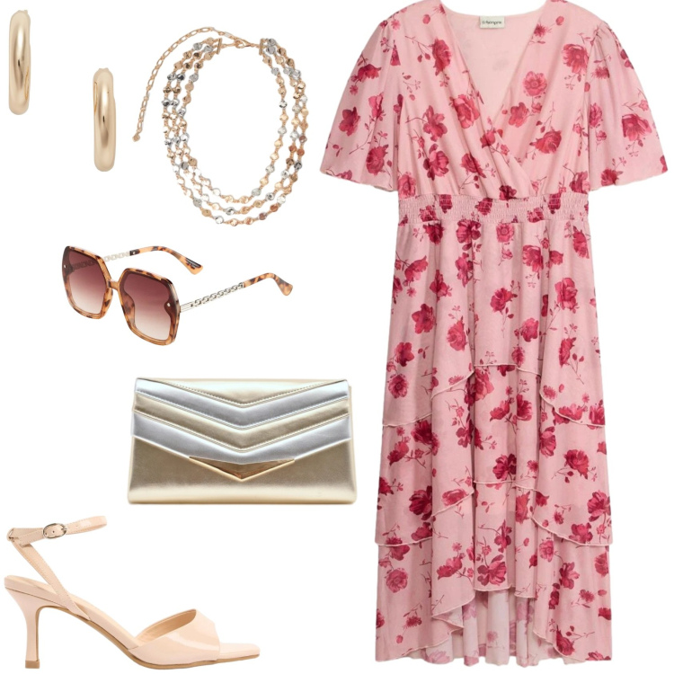Outfit donna - L\'abito romantico e leggero. Stile Romantica per Serata fuori. Abbinamento con occhiali da sole, sandali col tacco, vestiti midi/longuette, collane, pochette, orecchini.