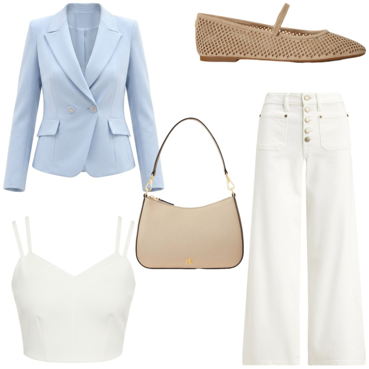 Outfit donna - Spring workwear ideas. Stile Casual chic per Tutti i giorni. Abbinamento con blazer, top, borse a spalla, jeans, ballerine.