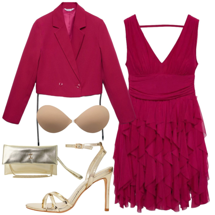 Outfit donna - Fucsia Glam Night. Stile Casual chic per Cerimonia. Abbinamento con vestiti, reggiseni, blazer, sandali col tacco, borse a tracolla, collant.
