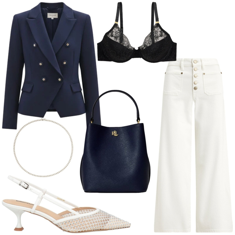Outfit donna - Spring style. Stile Chic per Tutti i giorni. Abbinamento con décolleté, blazer, reggiseni, collane, jeans, borse a secchiello.