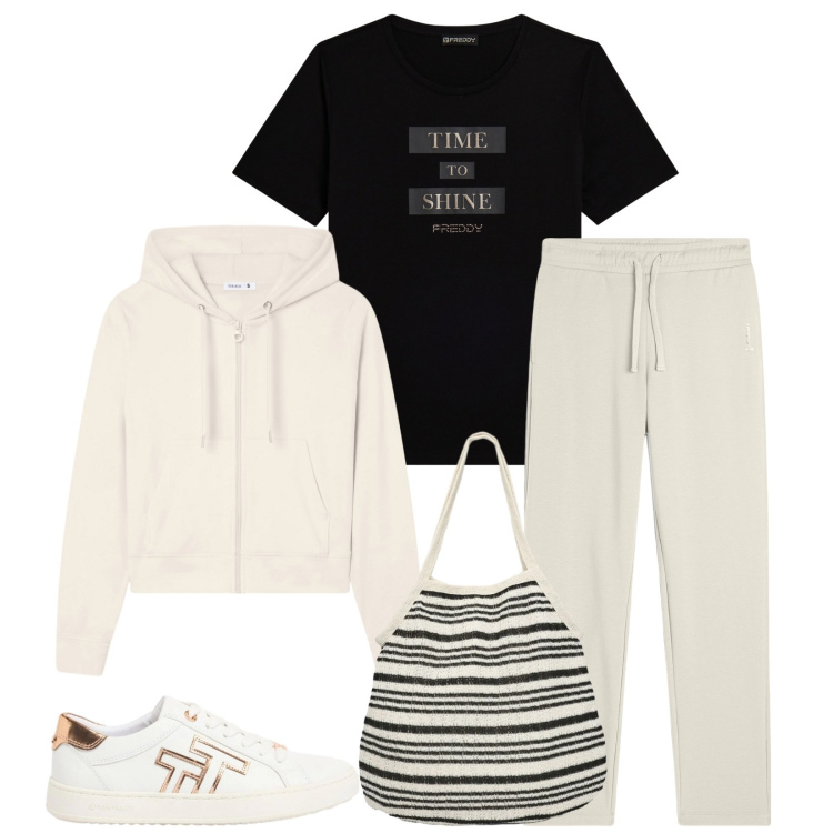 Outfit donna - Total look #2381672. Stile Sporty chic per Tutti i giorni. Abbinamento con sneakers, felpe con cappuccio, shopping bag, pantaloni, t-shirt.