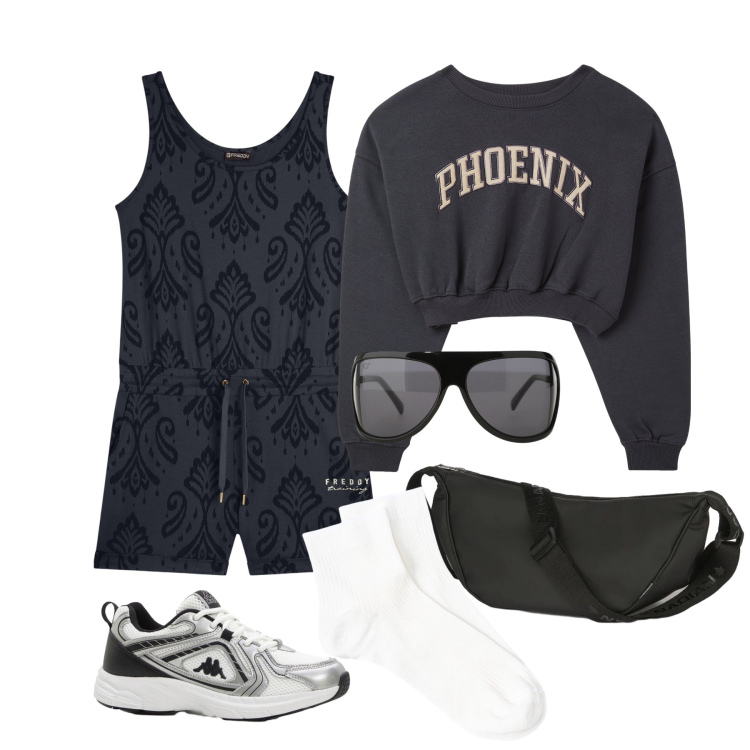 Outfit donna - Aprile. Stile Sporty chic per Tutti i giorni. Abbinamento con sneakers, felpe sportive, occhiali da sole, tuta corta, marsupi, calzini.