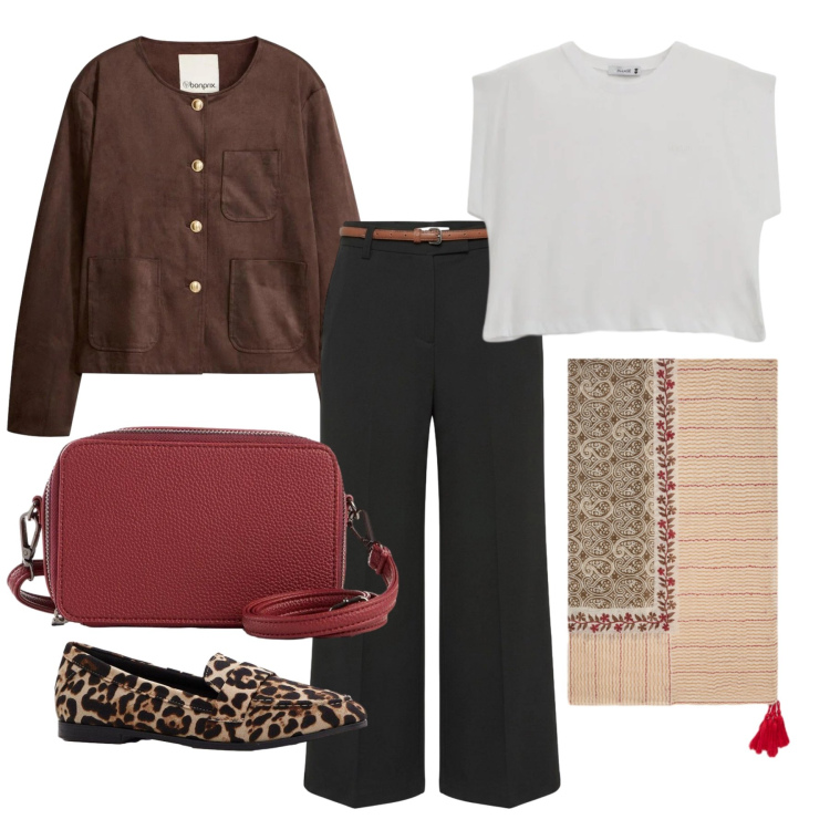 Outfit donna - Aprile. Stile Basic per Tutti i giorni. Abbinamento con mocassini, blazer, borse a tracolla, pantaloni, sciarpe, top.