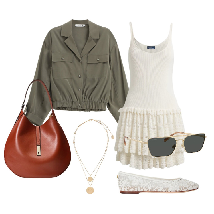 Outfit donna - Aprile. Stile Romantica per Tutti i giorni. Abbinamento con camicie, borse a spalla, ciondoli, occhiali da sole, ballerine, vestiti.