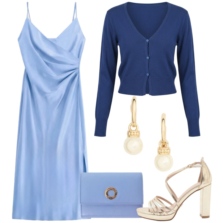 Outfit donna - Semplice cerimonia. Stile Romantica per Cerimonia. Abbinamento con vestiti midi/longuette, portafogli, cardigans, sandali col tacco, orecchini.