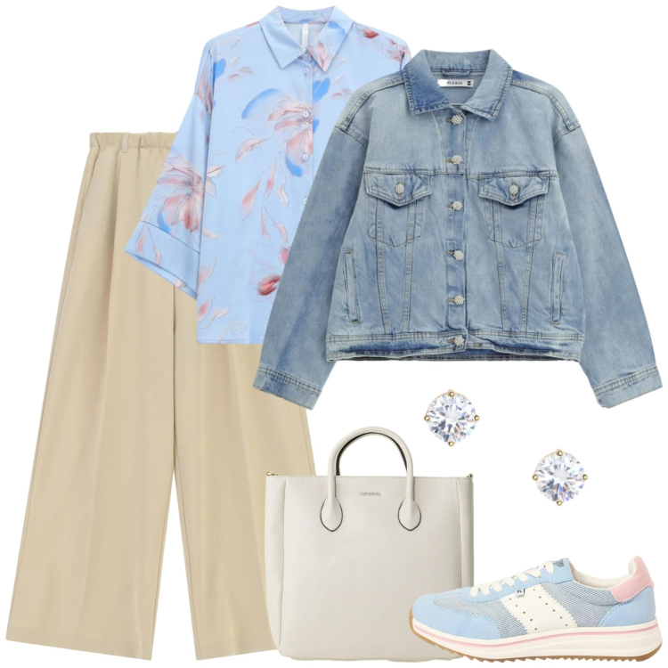 Outfit donna - Rilassata. Stile Casual per Tutti i giorni. Abbinamento con sneakers, camicie, pantaloni a palazzo, borse a tracolla, blazer, orecchini.