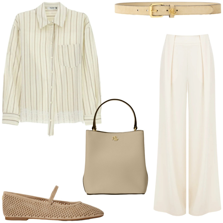 Outfit donna - Sofisticata. Stile Chic per Tutti i giorni. Abbinamento con camicie, pantaloni a palazzo, ballerine, borse a secchiello, cinture.