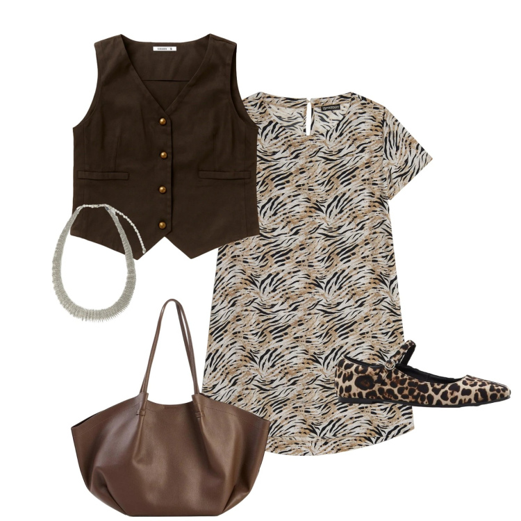 Outfit donna - Urban safari. Stile Casual chic per Tutti i giorni. Abbinamento con ballerine, shopping bag, gilet, collane, vestiti midi/longuette.
