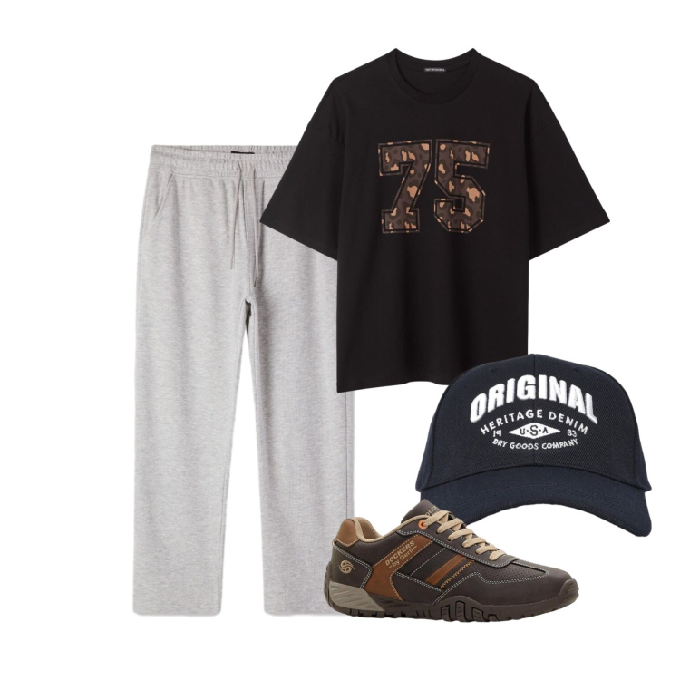 Outfit uomo - Aprile. Stile Casual per Tutti i giorni. Abbinamento con sneakers, cappelli con visiera, t-shirt, pantaloni.