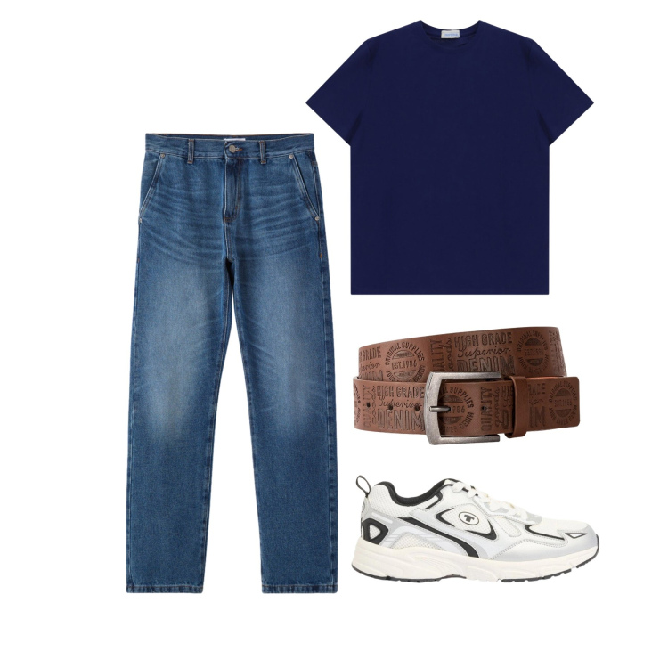 Outfit uomo - Aprile. Stile Casual per Tutti i giorni. Abbinamento con cinture, sneakers, jeans dritti, t-shirt.