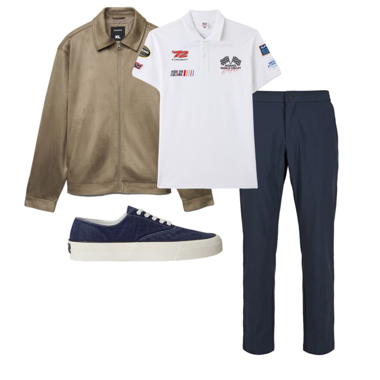Outfit uomo - Aprile. Stile Trendy per Tutti i giorni. Abbinamento con polo, giacche, sneakers, pantaloni.