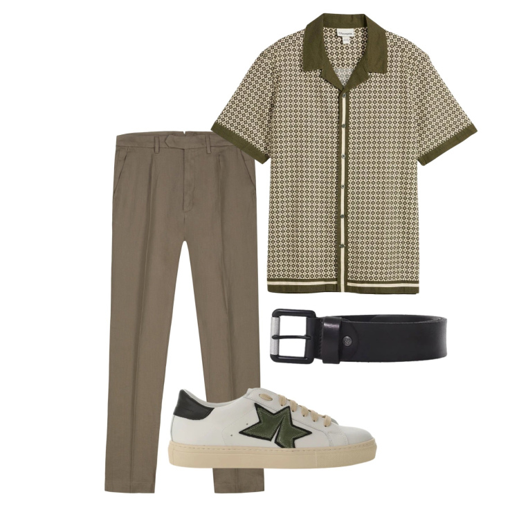 Outfit uomo - Aprile. Stile Trendy per Tutti i giorni. Abbinamento con camicie a manica corta, sneakers, cinture, pantaloni.
