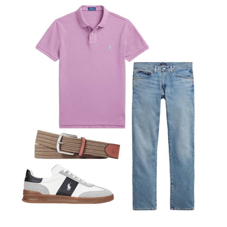 Outfit uomo - Aprile. Stile Casual per Ufficio. Abbinamento con cinture, polo, sneakers, jeans.