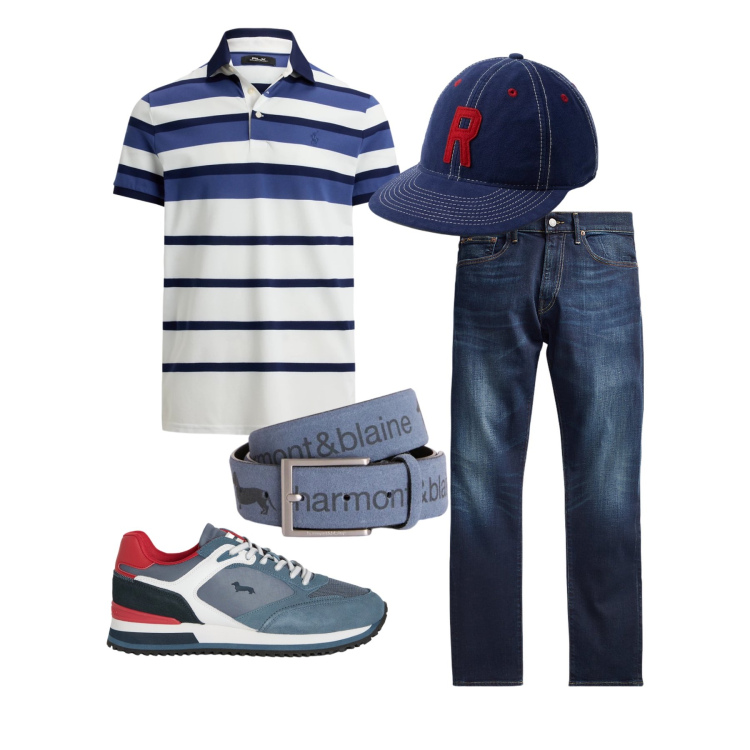 Outfit uomo - Aprile. Stile Trendy per Tutti i giorni. Abbinamento con sneakers, cinture, jeans, cappelli con visiera, polo.