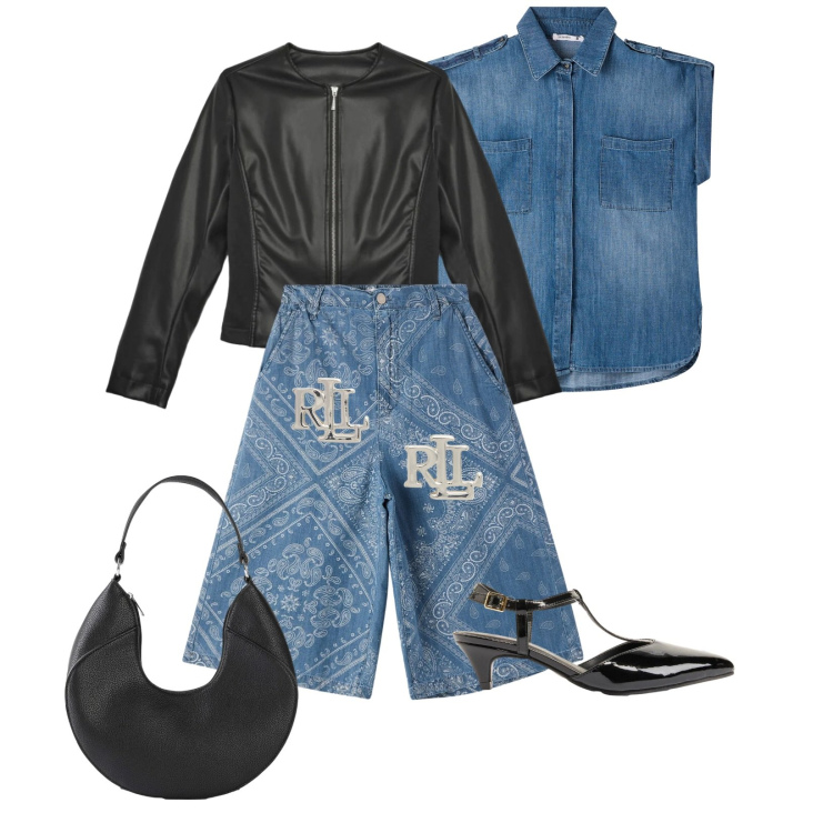 Outfit donna - Daily denim. Stile Casual chic per Ufficio. Abbinamento con décolleté, borse a mano, bermuda, camicie a manica corta, giacche, orecchini.