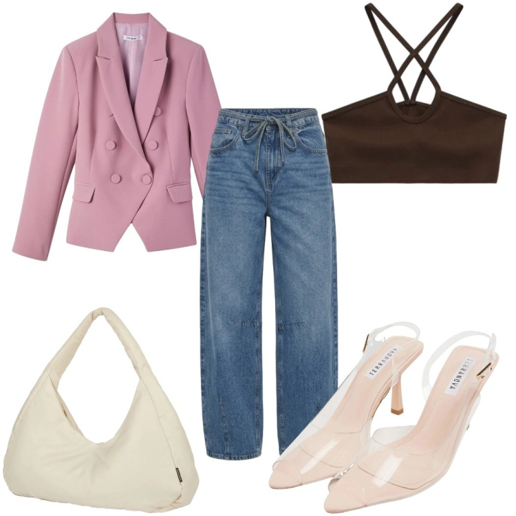 Outfit donna - Blazer di primavera - in rosa. Stile Casual chic per Tutti i giorni. Abbinamento con blazer, sandali col tacco, jeans, top, borse a spalla.