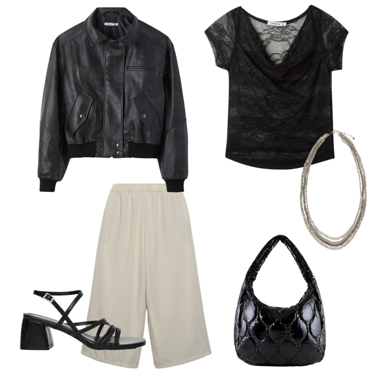 Outfit donna - Al Cinema. Stile Casual chic per Serata fuori. Abbinamento con t-shirt, giacche, sandali col tacco, pantaloni a palazzo, collane, borse tote.
