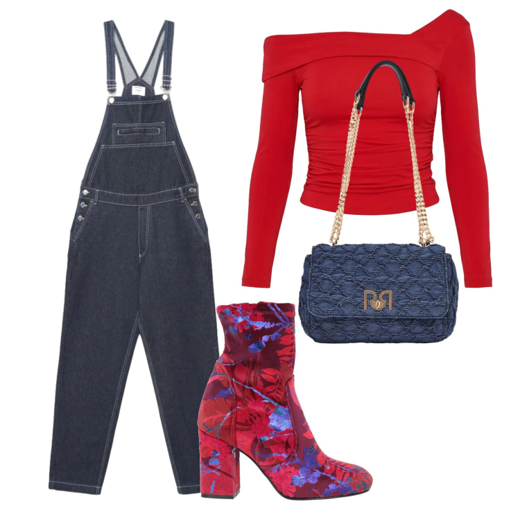 Outfit donna - Total look #2381704. Stile Casual per Ufficio. Abbinamento con stivaletti, salopette, borse a spalla, t-shirt.