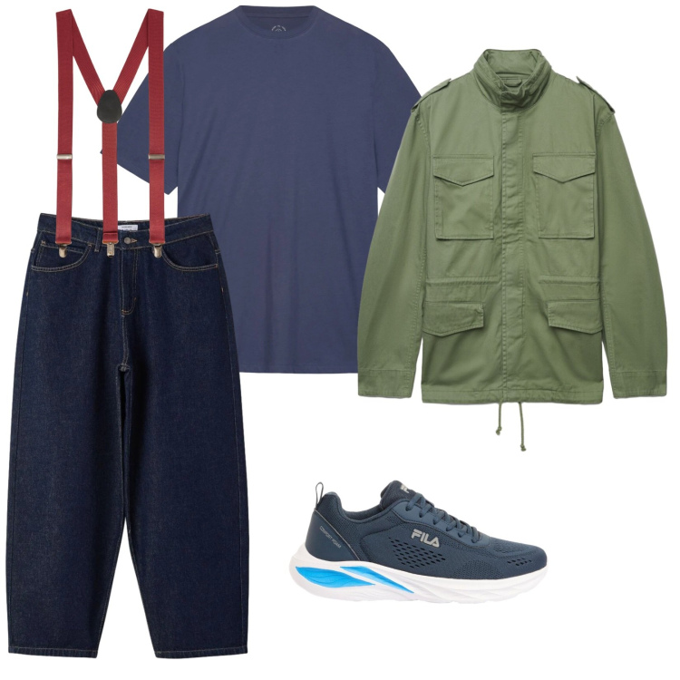 Outfit uomo - Bretelle rosse. per Tutti i giorni. Abbinamento con sneakers, cappotti, jeans, bretelle, t-shirt.