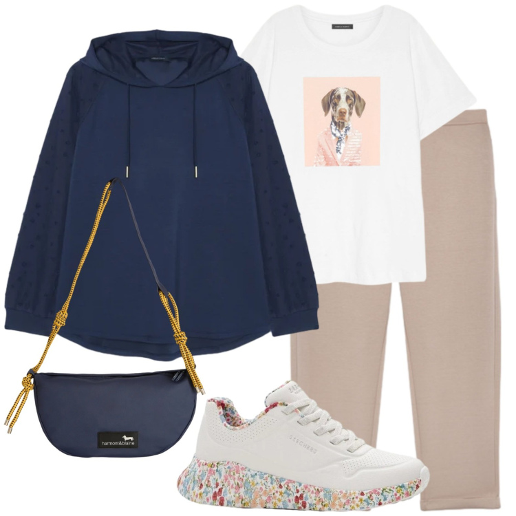 Outfit donna - Curvy style di domenica. Stile Casual chic per Tutti i giorni. Abbinamento con sneakers, pantaloni, felpe con cappuccio, t-shirt, borse a tracolla.