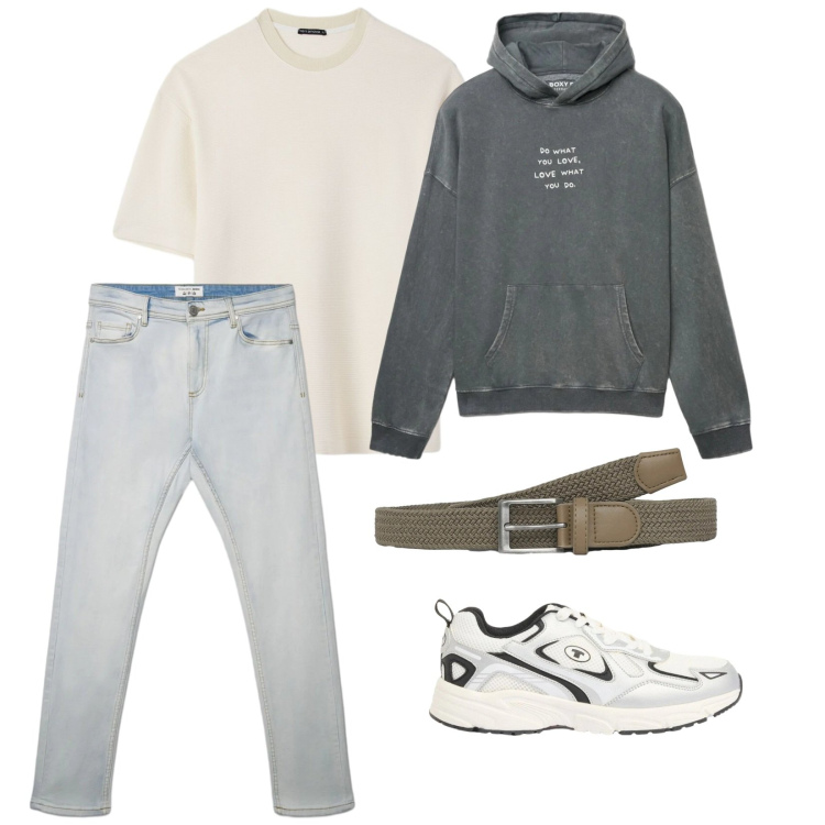 Outfit uomo - Con amici. per Mare. Abbinamento con sneakers, cinture, felpe con cappuccio, jeans skinny, t-shirt.
